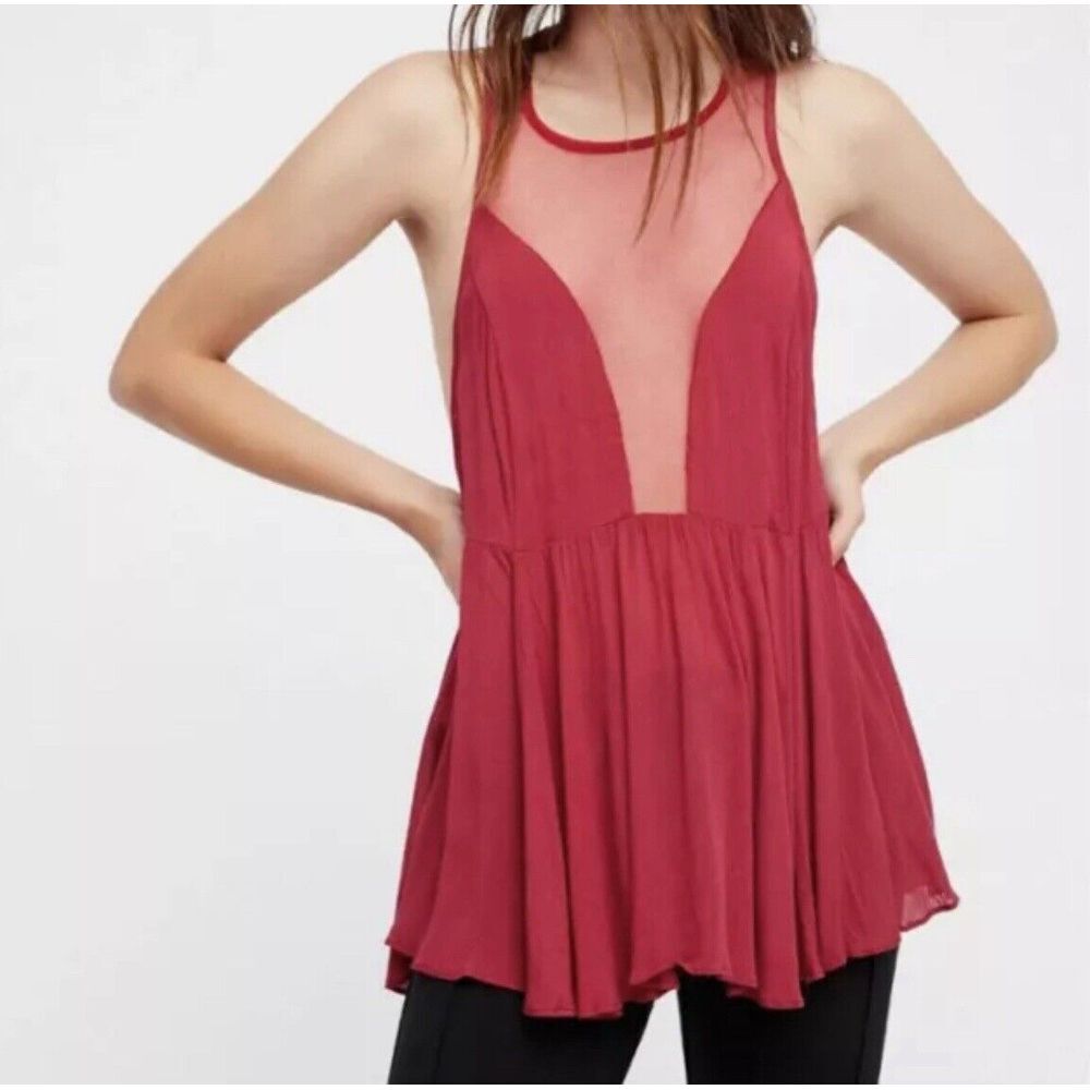 Free People‎ Intimately Marble Mesh Peplum Top Raspberry Red Size XS $48